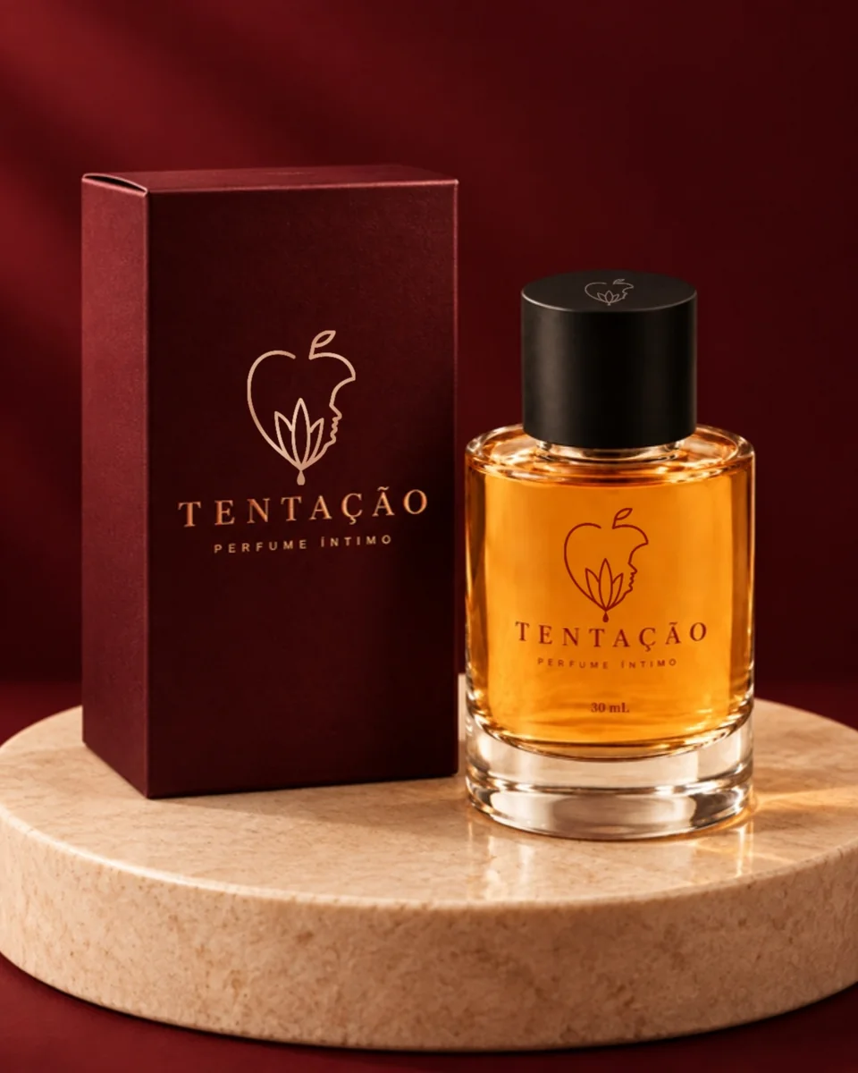 Tentação Perfume Íntimo 30 mL ao lado da caixa bordô, sobre um pedestal de pedra clara